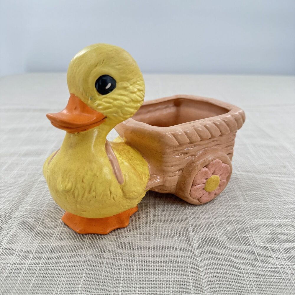 Vintage Duck Planter Figurine Ceramic Cart Flower Pot Nursery Spring Easter